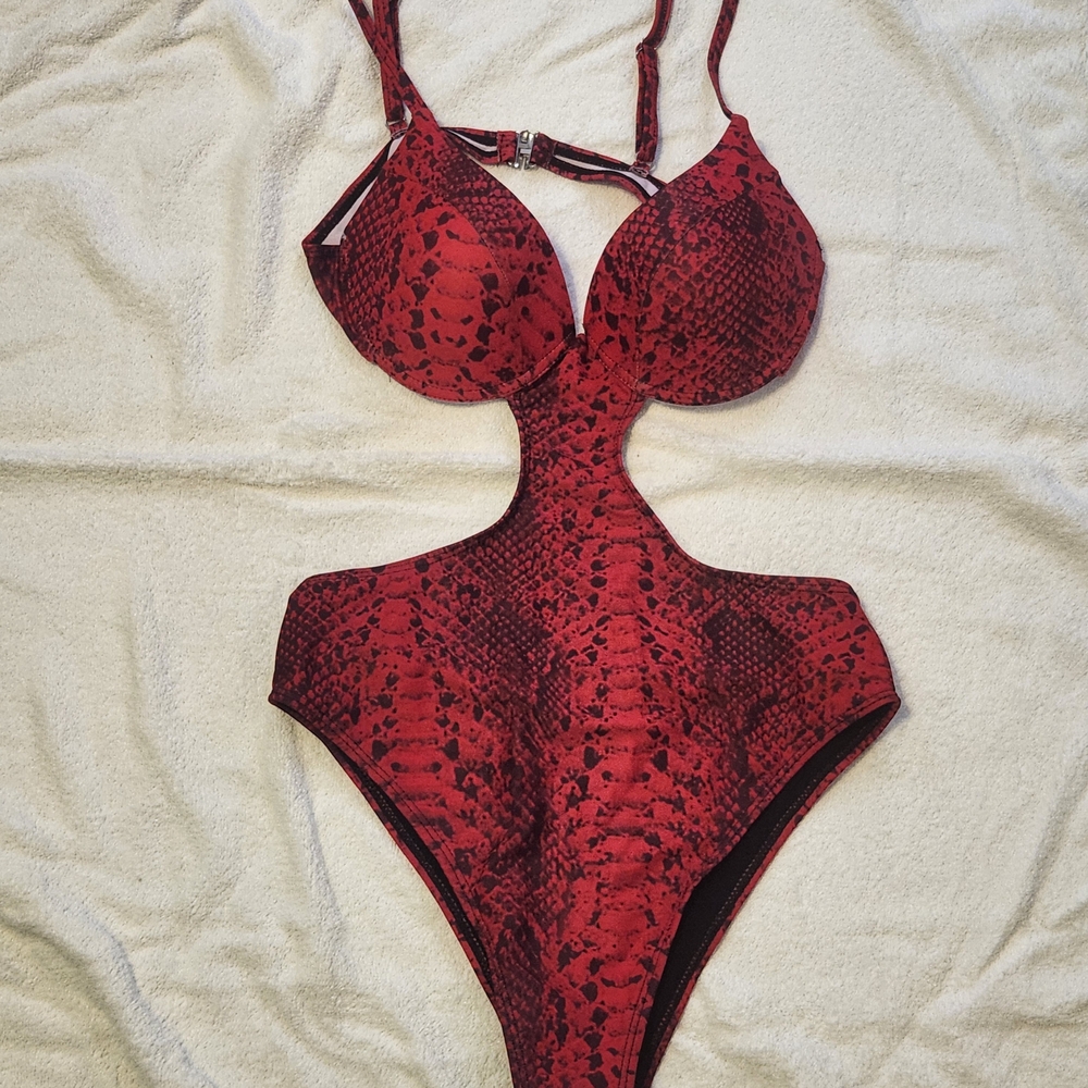 Red Snakeskin Women Swim One Piece